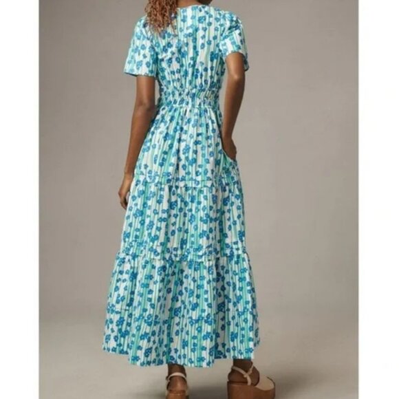 Anthropologie The Somerset Maxi Dress in Blue Green Floral Stripe - Picture 3 of 13